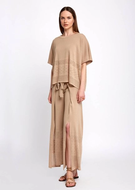 Bohem Tarz Oversize Bej Triko Üst - 5