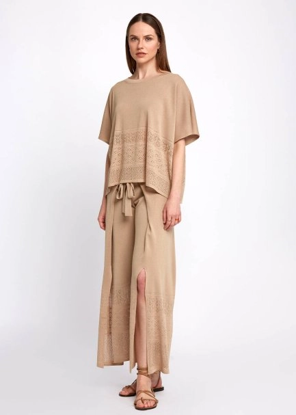 Bohemian Cropped Beige Knit Pants - 5