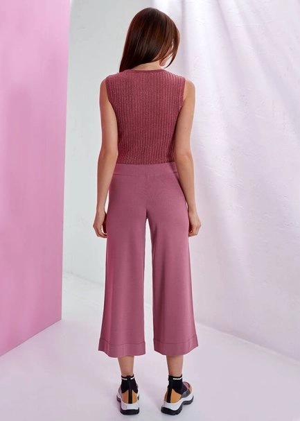 Geniş Paça Pembe Trıko Pantolon - 3