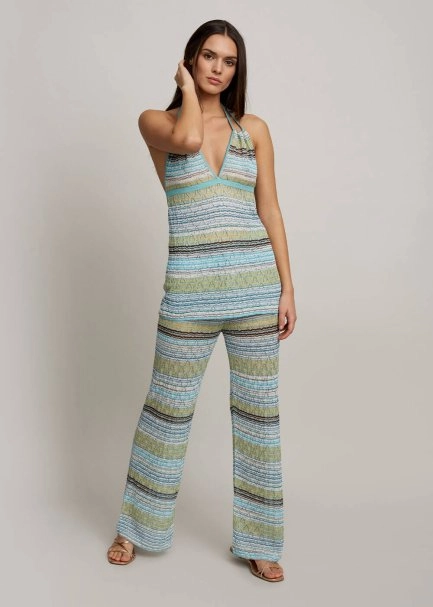 Boyundan Bağcıklı Renkli Çizgili Triko Bluz - 2