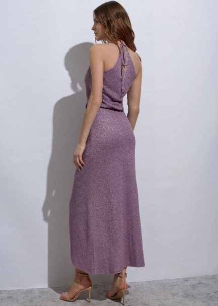 Boyundan Bağlamalı Lila Triko Elbise - 6