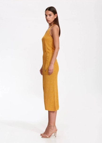 Boyundan Bağlamalı Sarı Triko Elbise - 4