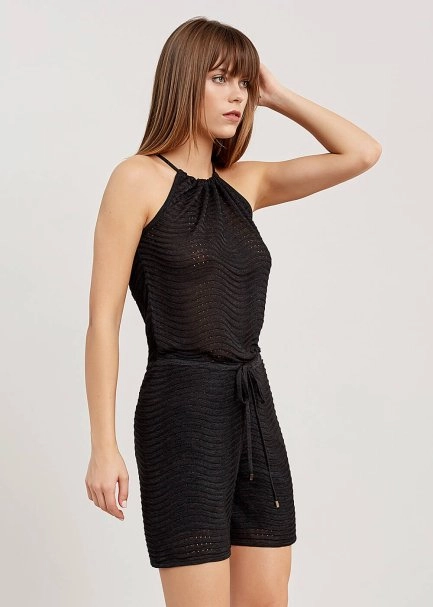 Boyundan Bağlı Siyah Kısa Triko Tulum - 4