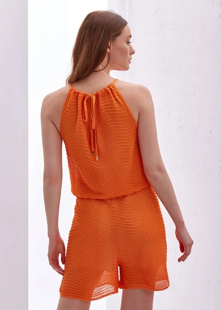 Boyundan Bağlı Turuncu Kısa Triko Tulum - 3
