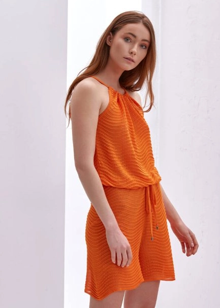 Boyundan Bağlı Turuncu Kısa Triko Tulum - 4