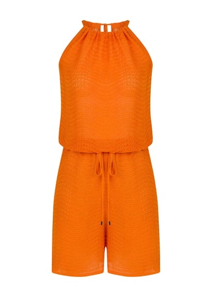 Boyundan Bağlı Turuncu Kısa Triko Tulum - 6