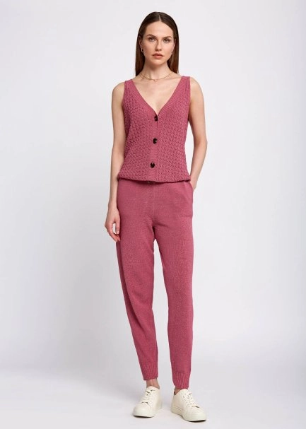 Braid Detailed Sleeveless Pink Knit Top - 2