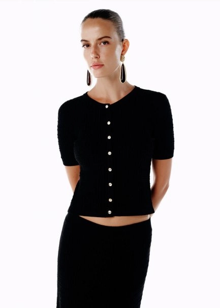 BUTTON CLOSURE BLACK KNIT TOP - 4