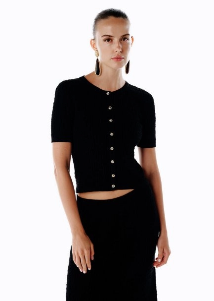 BUTTON CLOSURE BLACK KNIT TOP - 1