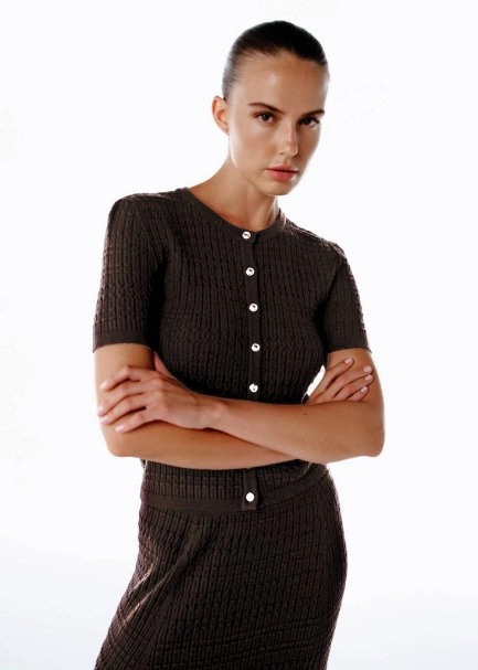 BUTTON CLOSURE COFFEE KNIT TOP - 4