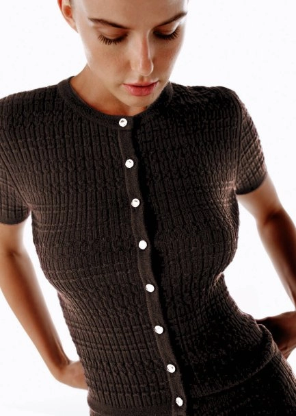 BUTTON CLOSURE COFFEE KNIT TOP - 1
