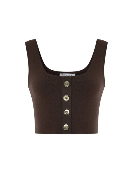 Button-Detail Brown Cropped Knit Top - 5