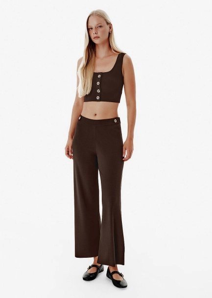 Button-Detail Brown Cropped Knit Top - 3