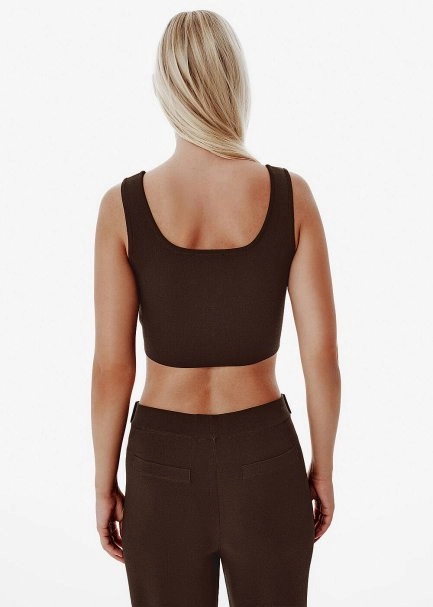Button-Detail Brown Cropped Knit Top - 4