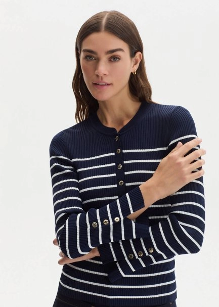 BUTTONED COLLAR NAVY WHITE STRIPED KNIT - 1