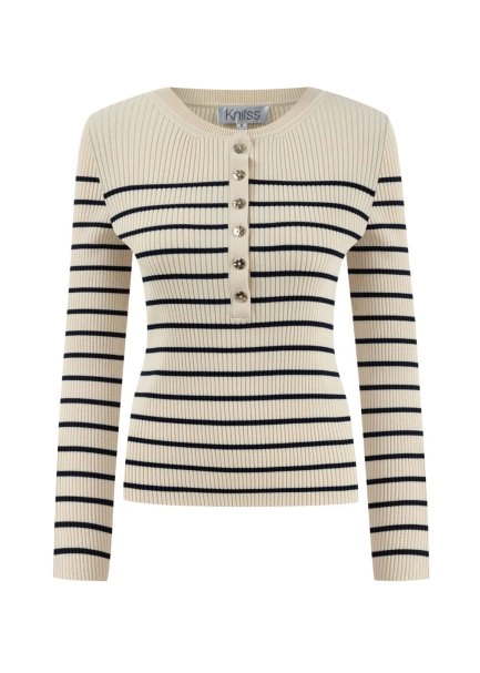 BUTTONED COLLAR SAND NAVY STRIPED KNIT - 6