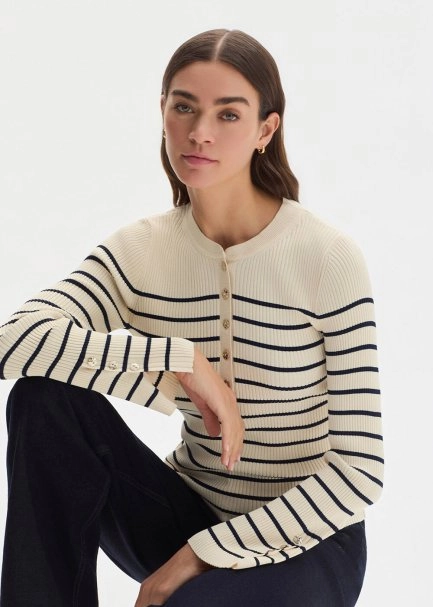 BUTTONED COLLAR SAND NAVY STRIPED KNIT - 4