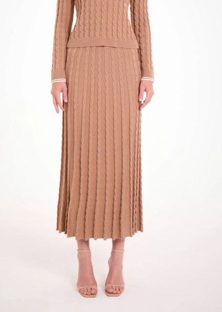 CABLE CONTRAST MIDI LEG CAMEL KNIT SKIRT - 1