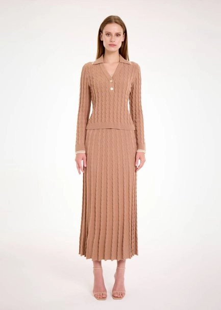 CABLE CONTRAST MIDI LEG CAMEL KNIT SKIRT - 2