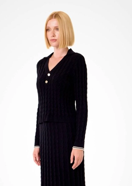 CABLE CONTRAST STRIPED BLACK SWEATER - 3