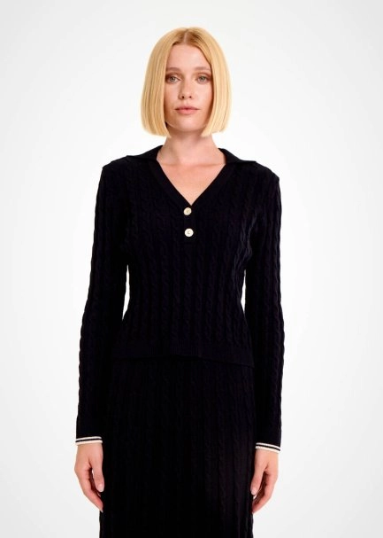 CABLE CONTRAST STRIPED BLACK SWEATER - 1