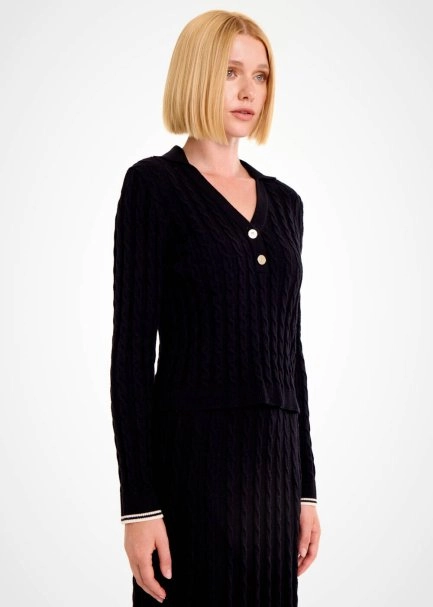 CABLE CONTRAST STRIPED BLACK SWEATER - 4
