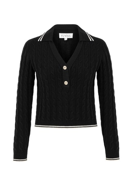 CABLE CONTRAST STRIPED BLACK SWEATER - 6