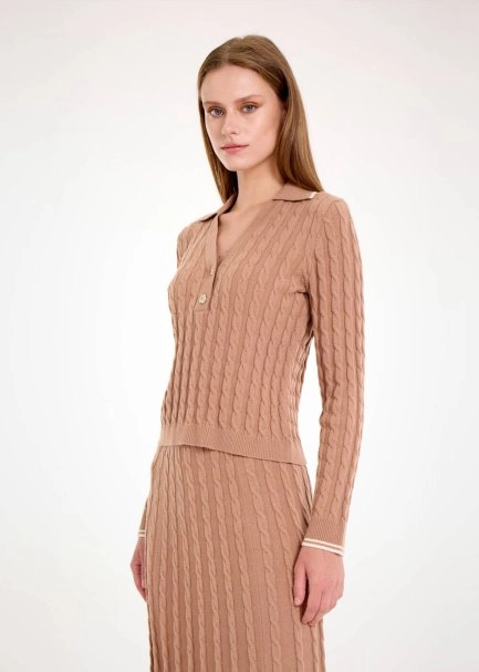 CABLE CONTRAST STRIPED CAMEL SWEATER - 3