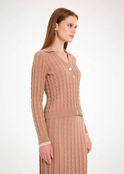 CABLE CONTRAST STRIPED CAMEL SWEATER - 4