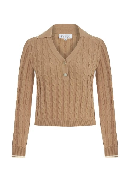 CABLE CONTRAST STRIPED CAMEL SWEATER - 6