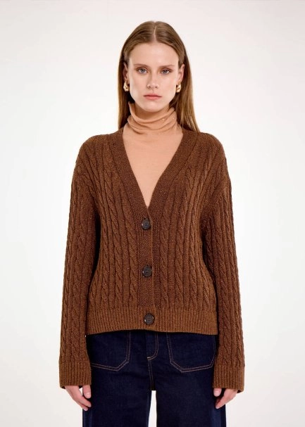 CABLE DETAİLED GLITTER COFFEE KNIT CARDİGAN - 1