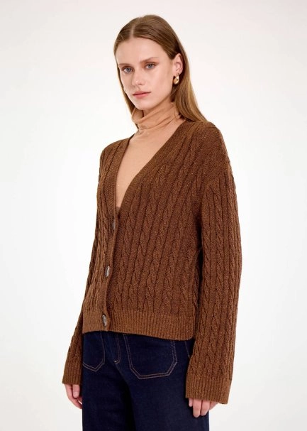 CABLE DETAİLED GLITTER COFFEE KNIT CARDİGAN - 3