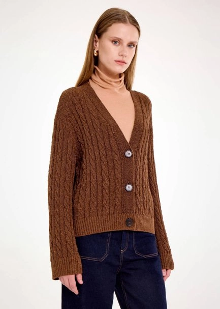 CABLE DETAİLED GLITTER COFFEE KNIT CARDİGAN - 4