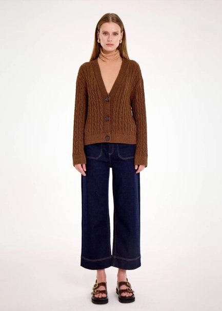 CABLE DETAİLED GLITTER COFFEE KNIT CARDİGAN - 2