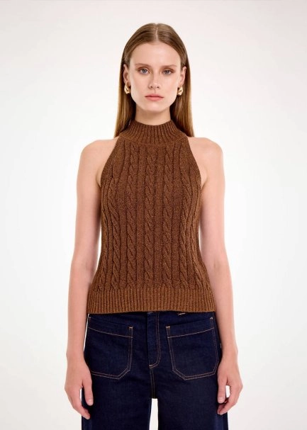 CABLE DETAİLED GLITTER COFFEE KNIT TOP - 1