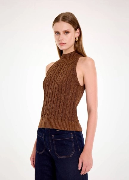 CABLE DETAİLED GLITTER COFFEE KNIT TOP - 3