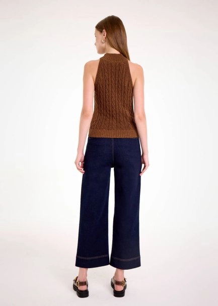 CABLE DETAİLED GLITTER COFFEE KNIT TOP - 5