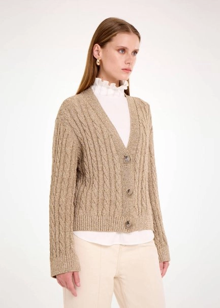 CABLE DETAİLED GLITTER LATTE KNIT CARDİGAN - 4
