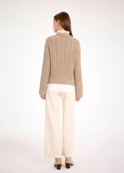 CABLE DETAİLED GLITTER LATTE KNIT CARDİGAN - 5