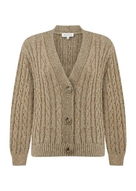 CABLE DETAİLED GLITTER LATTE KNIT CARDİGAN - 6