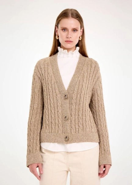 CABLE DETAİLED GLITTER LATTE KNIT CARDİGAN - 1