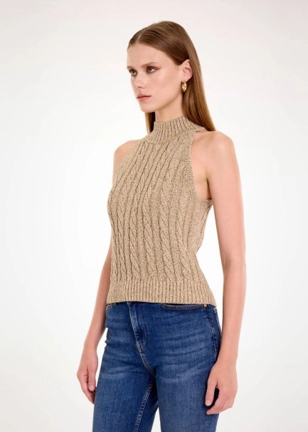 CABLE DETAİLED GLITTER LATTE KNIT TOP - 3