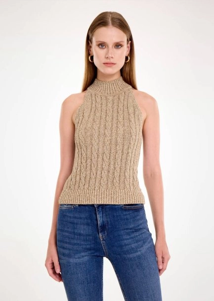 CABLE DETAİLED GLITTER LATTE KNIT TOP - 5