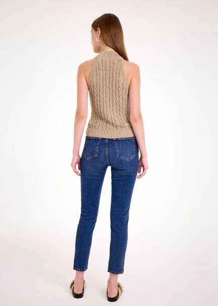 CABLE DETAİLED GLITTER LATTE KNIT TOP - 6