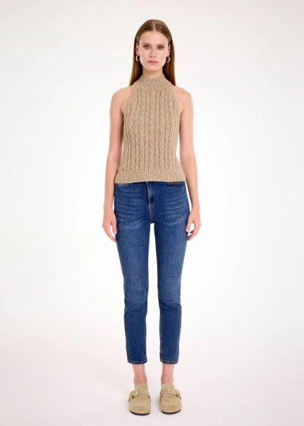 CABLE DETAİLED GLITTER LATTE KNIT TOP - 2