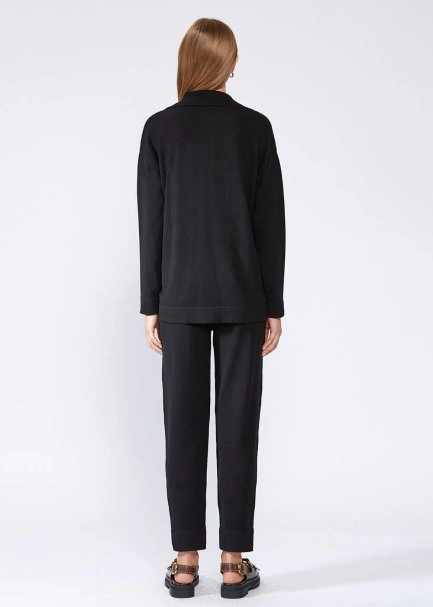 Cable Detailed Polo Neck Black Cashmere Sweater - 5