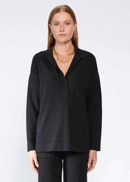 Cable Detailed Polo Neck Black Cashmere Sweater - 1