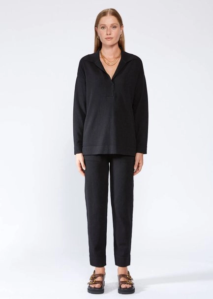 Cable Detailed Polo Neck Black Cashmere Sweater - 2