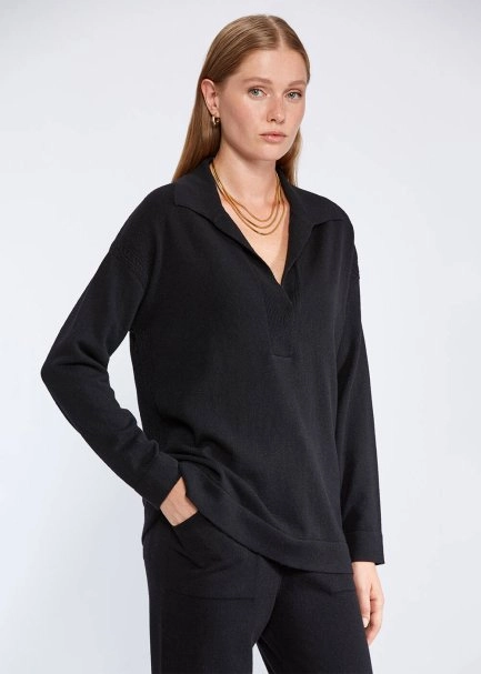 Cable Detailed Polo Neck Black Cashmere Sweater - 3