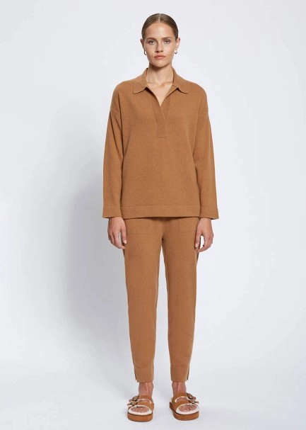 Cable Detailed Polo Neck Camel Cashmere Sweater - 2